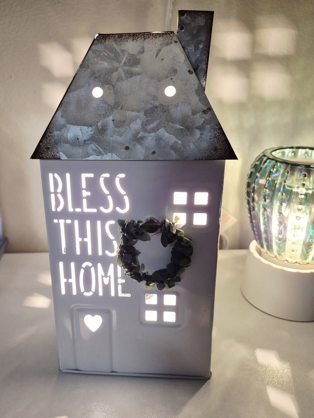 Scentsy White Metal 'Bless This Home' Lit Decorative House